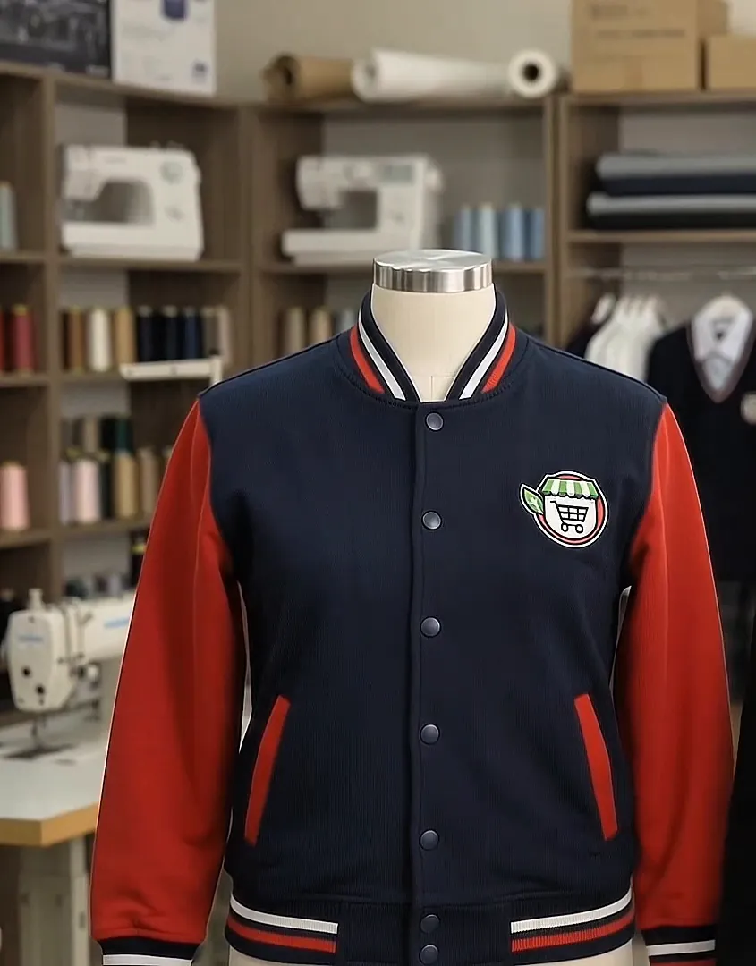 Okul Store logolu lacivert-kırmızı kolej ceketi, tasarım atölyesinde