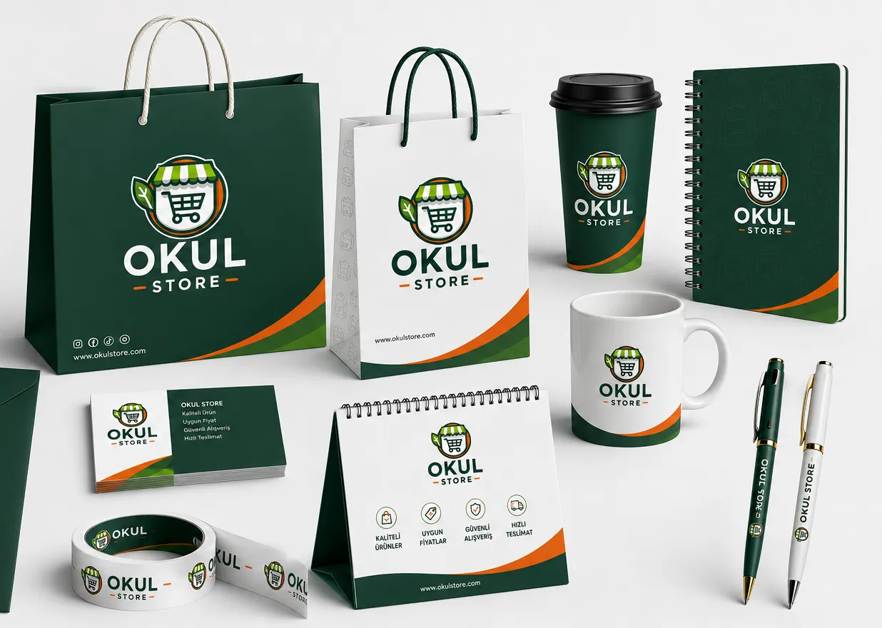 Okul Store kurumsal ürünleri: poşetler, bardak, defter, kupa, kartvizit, kalem ve ambalaj bandı