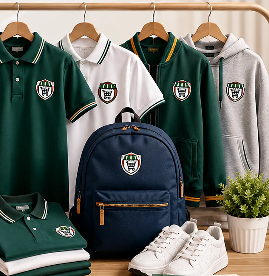 Okul Store logolu yeşil ve beyaz polo okul kıyafetleri, sırt çantası ve spor ayakkabı
